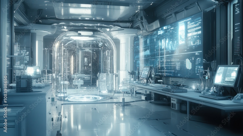 Aufkleber here's a and keyword list for your image.. futuristic sterile lab interior with advanced technology.