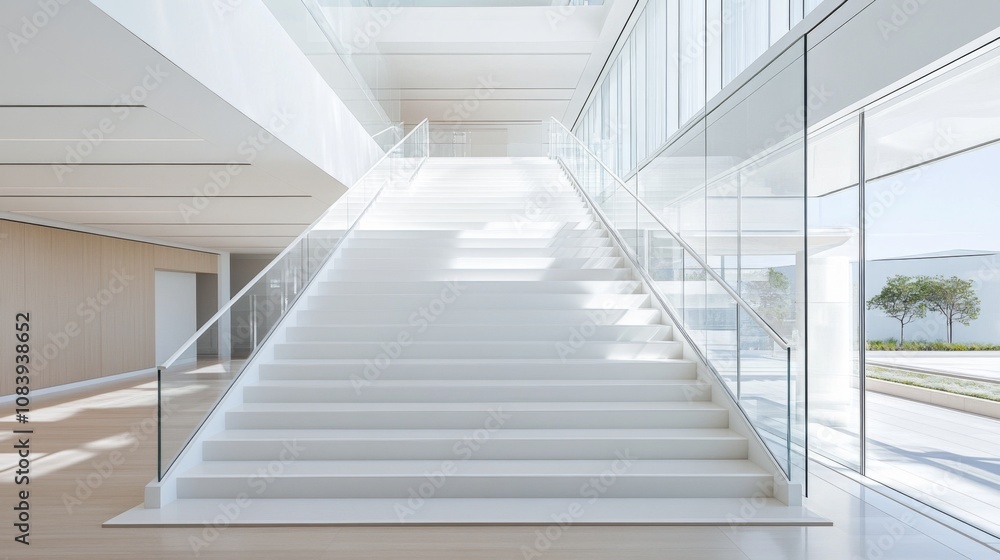 Poster modern minimalist staircase in bright open space with natural light streaming through large windows 