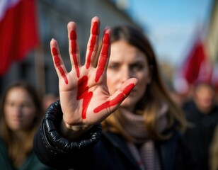 Polish woman protests abortion law tightening. Red lightning drawn on hand. Protest against restrictive policy. Feminist activist at demonstration. Women rights issue. Public display of dissent.