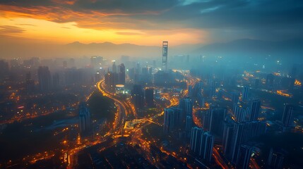 Fototapeta premium Aerial View of a Modern City at Sunrise
