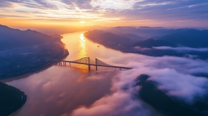 Sunrise over the Bridge and Misty River