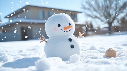 Obraz premium Charming Snowman in a Winter Wonderland with Soft Snowflakes Falling Against a Sunny Home Background for Cozy Holiday Imagery