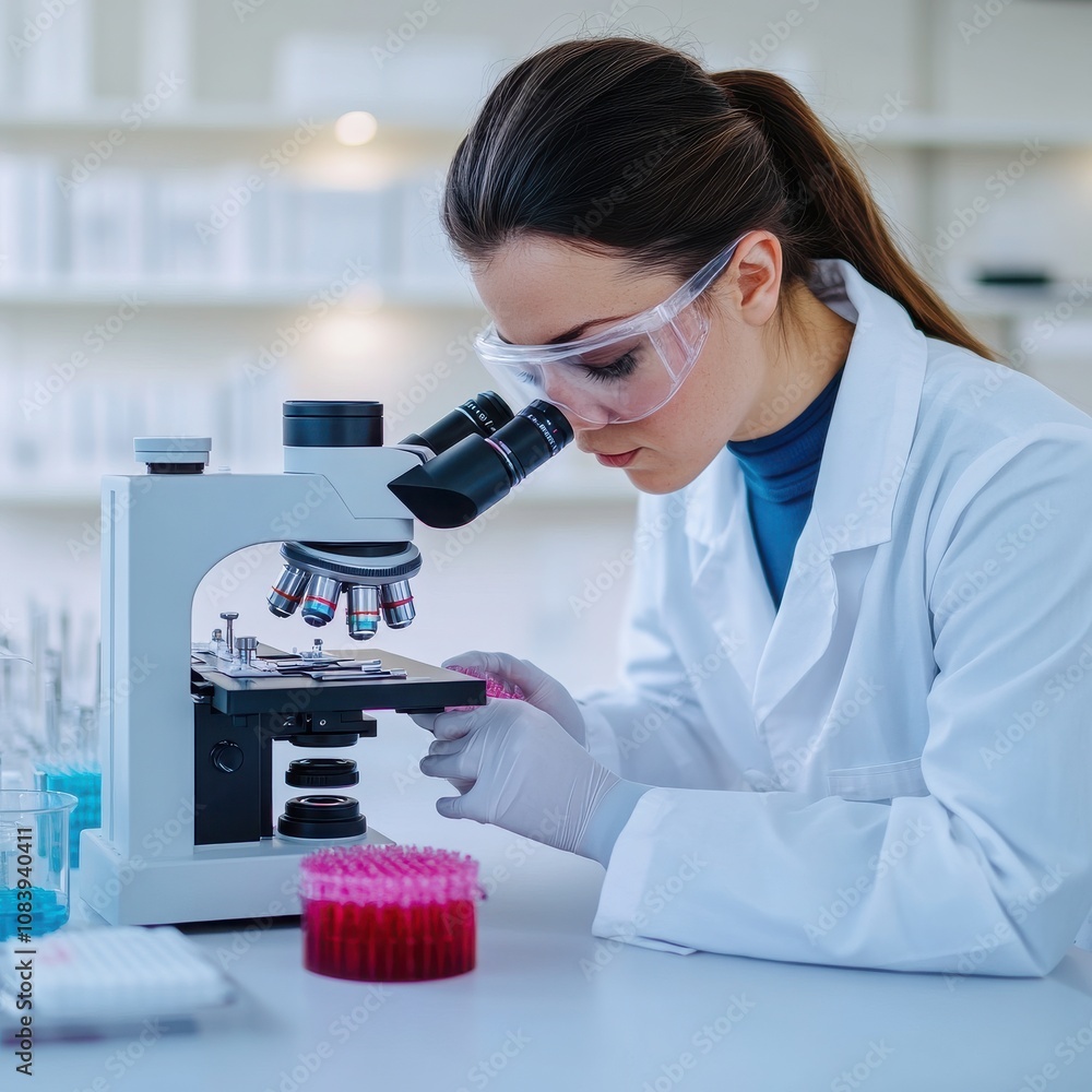 Poster a focused scientist examines a slide under a microscope in a modern laboratory setting, showcasing d