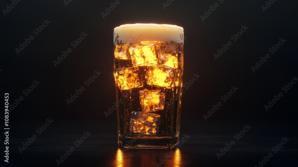 Poster Refreshing Glass of Beer with Ice Cubes and Foam Against Dark Background Exuding a Warm Glow Creating an Inviting and Relaxing Atmosphere