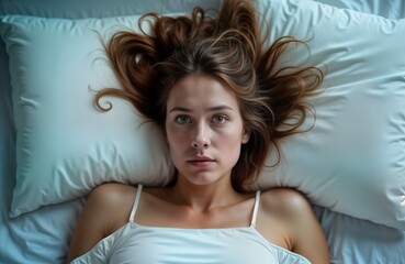 Fototapeta premium Woman lies on bed with hair over pillow. Serious face expression. Relaxed posture. Calm atmosphere. Interior bedroom setting. Day night time. Thoughtful female model. Portrait style. Intimate moment.
