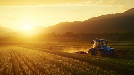 Fototapeta premium Golden Wheat Fields at Sunset with Tractor