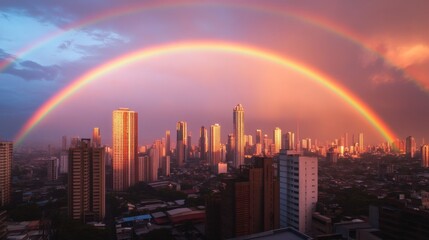 Obraz premium Stunning Urban Landscape with Vibrant Double Rainbow over Skyscrapers at Dusk Showcasing the Beauty of Nature and City Life in a Colorful Sky