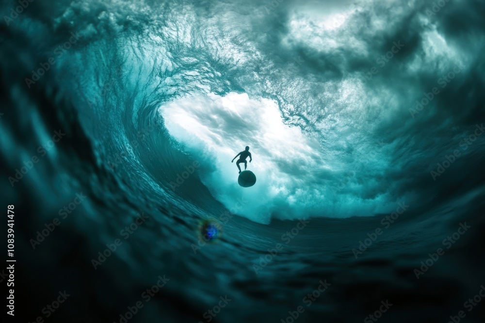 Poster surfer riding a wave in an ocean setting