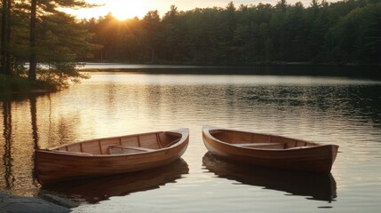 Fototapeta premium Serene Sunset Over a Tranquil Lake with Two Classic Wooden Boats Anchored on Calm Waters Surrounded by Lush Green Trees and Golden Sunlight Reflections