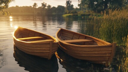 Obraz premium Serene Evening by the Waterside with Two Rustic Wooden Boats Moored on a Calm Lake Surrounded by Lush Greenery and Gentle Sunlight