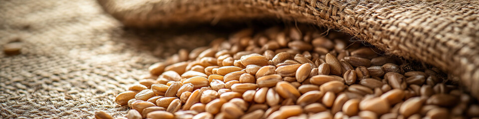 A close-up of grains of wheat spilled across a burlap sack.