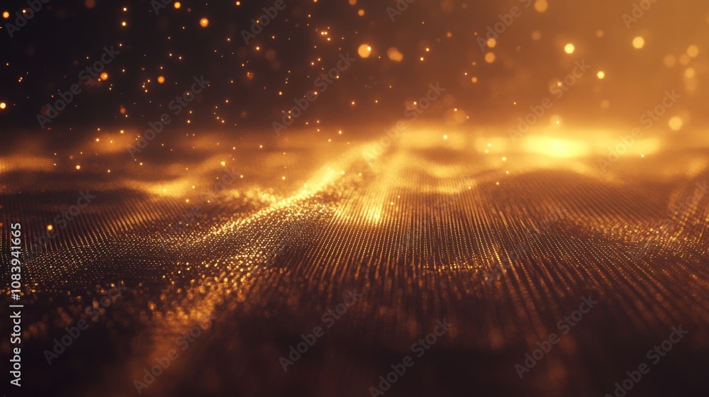 Aufkleber Glowing Golden Particles Floating Above a Textured Surface in a Dreamy Atmosphere with Soft Bokeh Effects and a Warm Color Palette for Background Use