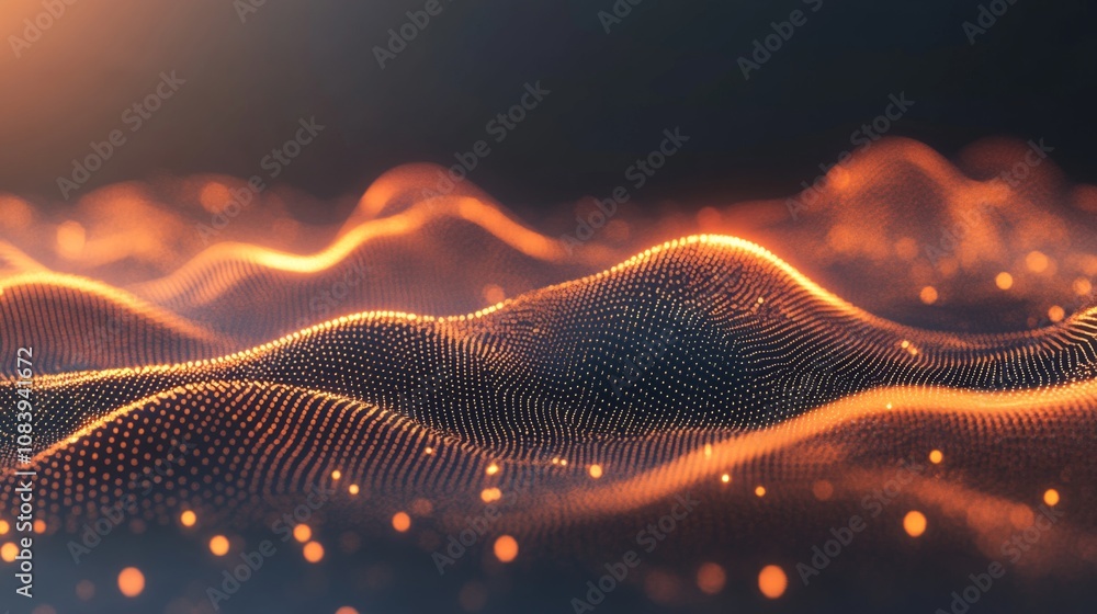 Leinwandbilder Abstract digital landscape with flowing wave patterns illuminated by warm orange tones, creating a mesmerizing visual experience of movement and light in a serene atmosphere.