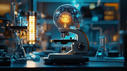 Illuminated lightbulb inside a glass sphere on a vintage microscope in a laboratory setting.