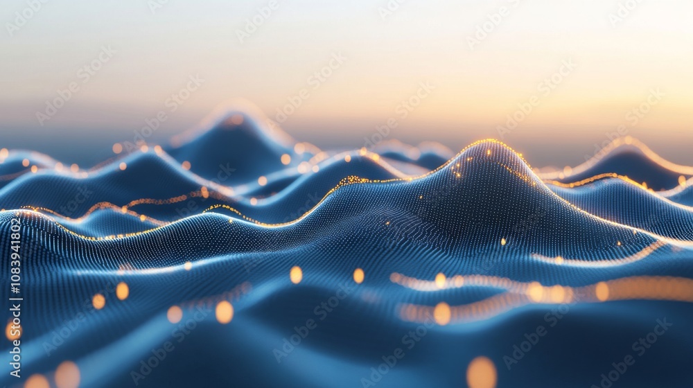 Poster abstract digital waves with glowing particles under a soft sunrise, representing technology, data vi