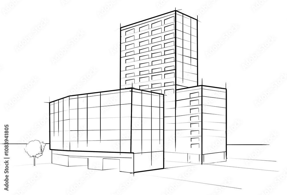 Aufkleber A simple architectural sketch of a multi-story building complex, featuring clean lines and minimal detail. Presented on a white background, concept of design