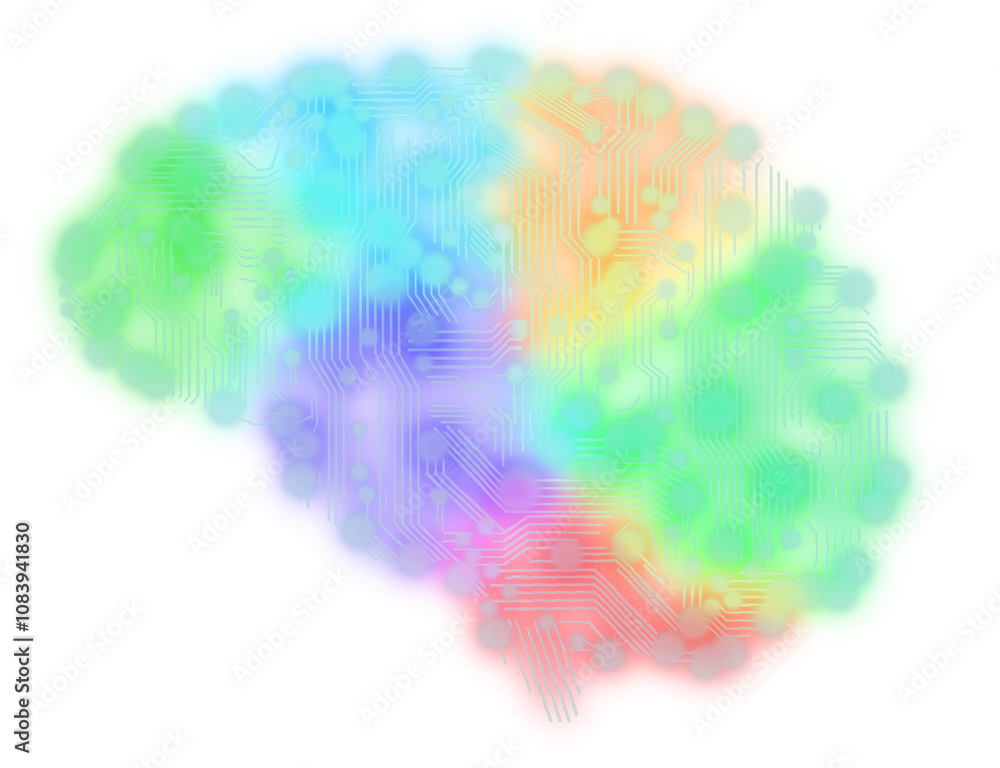 Poster colorful brain illustration with a circuit board pattern overlay on a white background. represents c