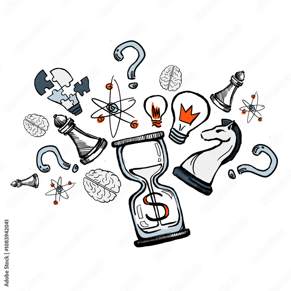 Leinwandbilder hand-drawn sketch style of various objects like chess pieces, puzzle, question marks, brains, and ho