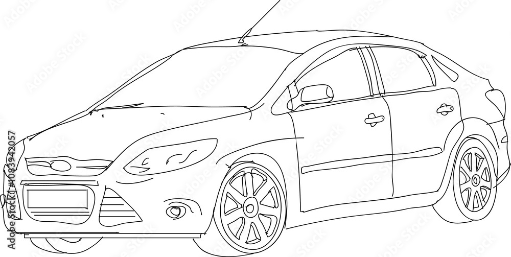 Poster car side view sketch with basic outline, drawn in a clean style on a white background. ideal for tem