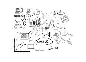 Naklejka premium Hand-drawn business concept showing diagrams, charts, and brainstorming visuals on a white background. Represents ideas, planning, and innovation concepts