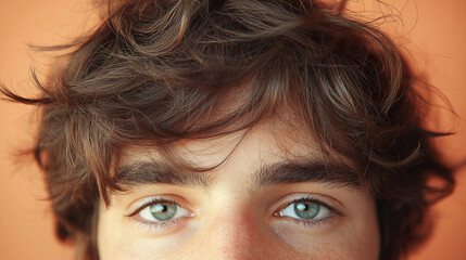 Naklejka premium Close up portrait of teenage boy with messy brown hair, blue eyes and natural freckles in warm lighting. Concept of youth, innocence and natural beauty.