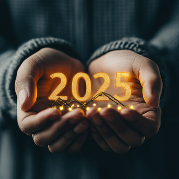 Close-Up of Hands Holding Glowing 2025 Figurine with Warm Holiday Mood
