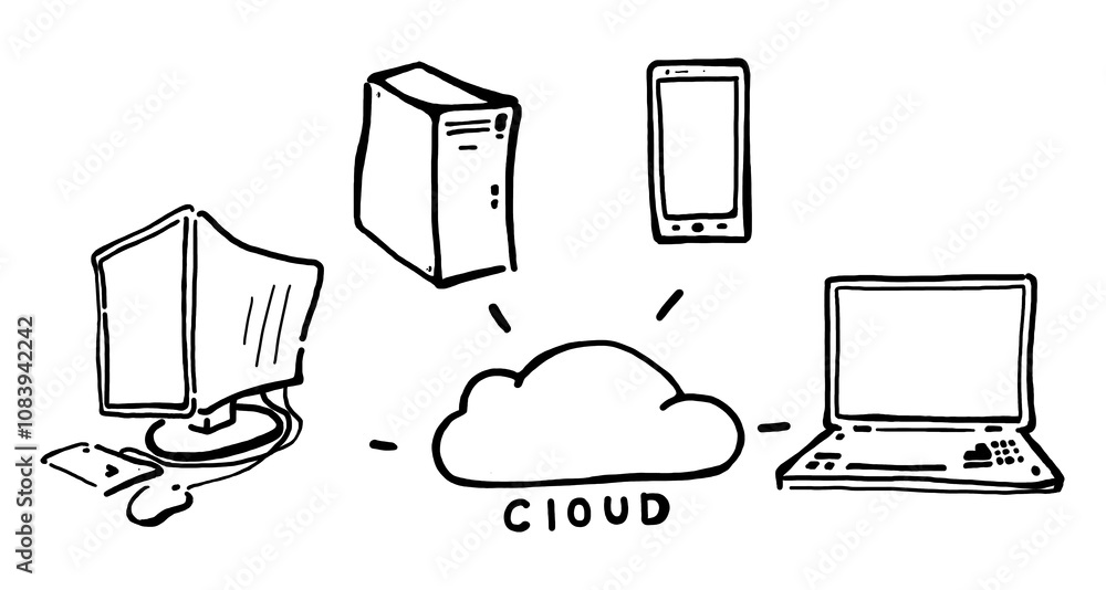 Aufkleber a hand-drawn sketch of cloud computing showing a desktop, server, smartphone, and laptop connected t