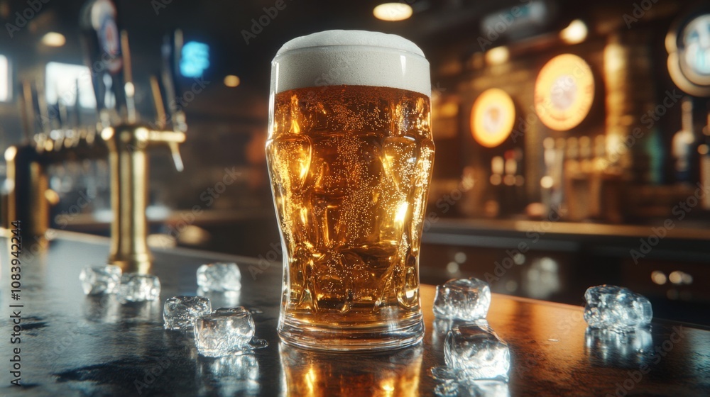 Poster refreshing golden lager in a frosted glass surrounded by ice cubes on a bar counter with dimly lit b