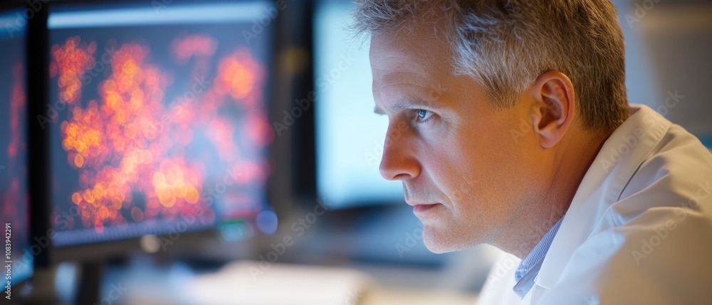 Poster scientist analyzing data on computer screens in a laboratory setting