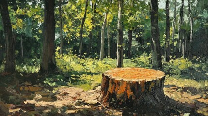 Sunlit Forest Scene Featuring a Stump Surrounded by Vibrant Greenery and Trees in a Peaceful Natural Setting Captured with Rich Details