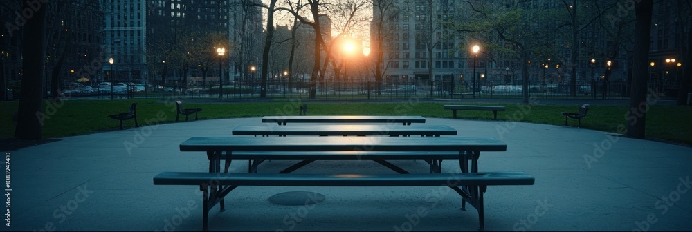 Poster a serene park scene at sunset with empty picnic tables and soft lighting.