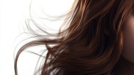 Naklejka premium A close-up of flowing brown hair with soft curls, beautifully highlighting texture and movement against a light background.