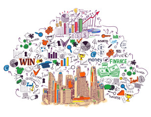 Naklejka premium Hand-drawn business and finance-themed illustration with doodles of charts, money, and a city skyline. Created on a white background, it represents success ideas