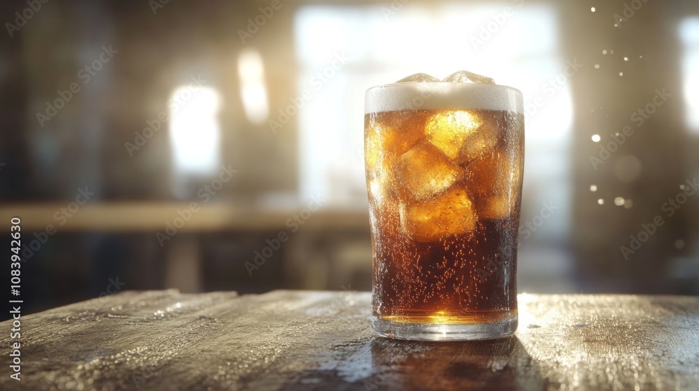 Poster Refreshing Glass of Cold Carbonated Drink with Ice Cubes on Rustic Wooden Table Setting in a Bright and Inviting Atmosphere with Soft Lighting Effects