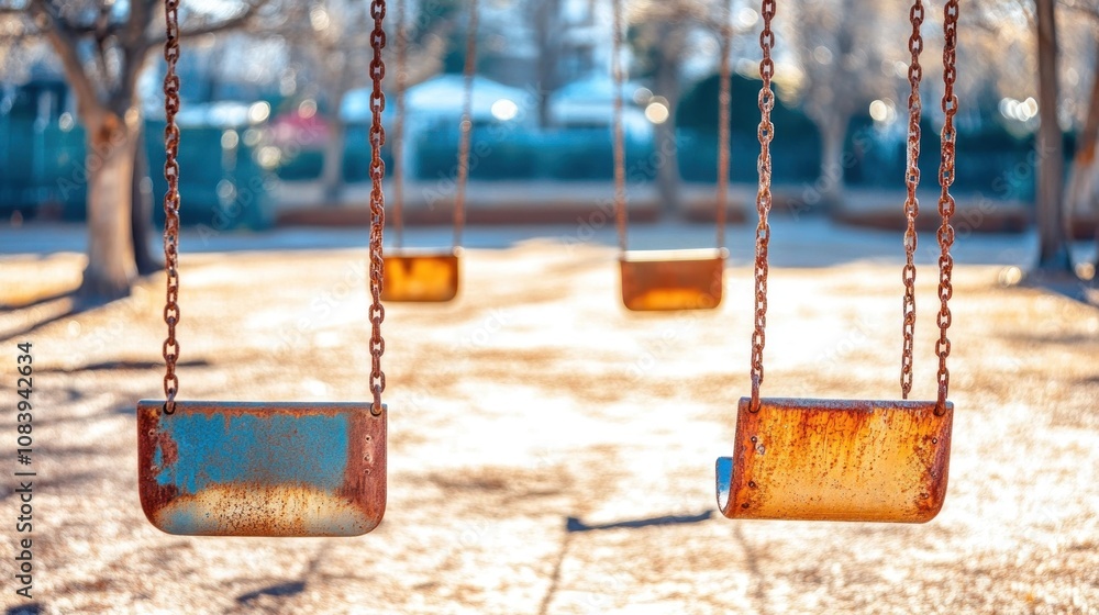 Poster a rusty playground with swings hanging from chains in a sunlit, empty park.