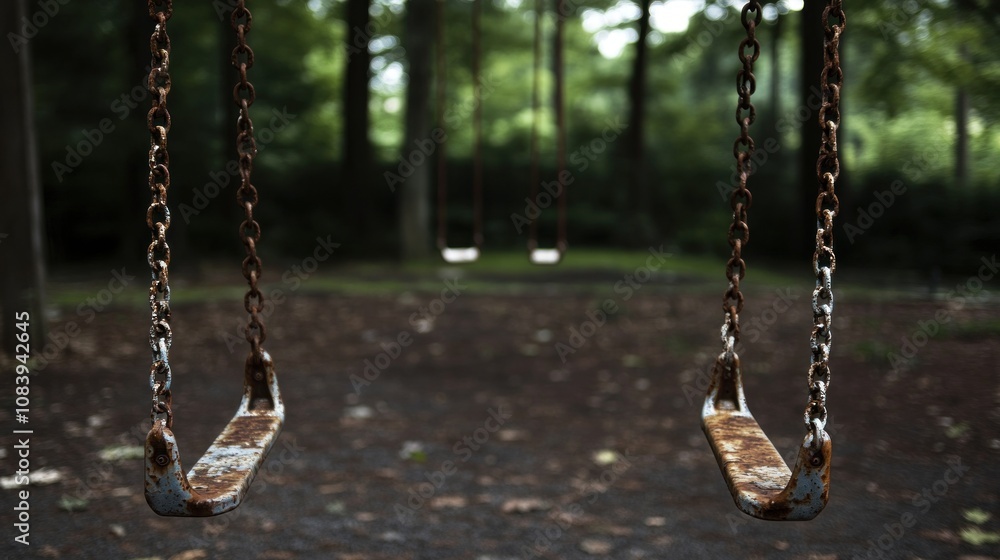 Poster a close-up view of rusty swings in a secluded playground surrounded by trees.