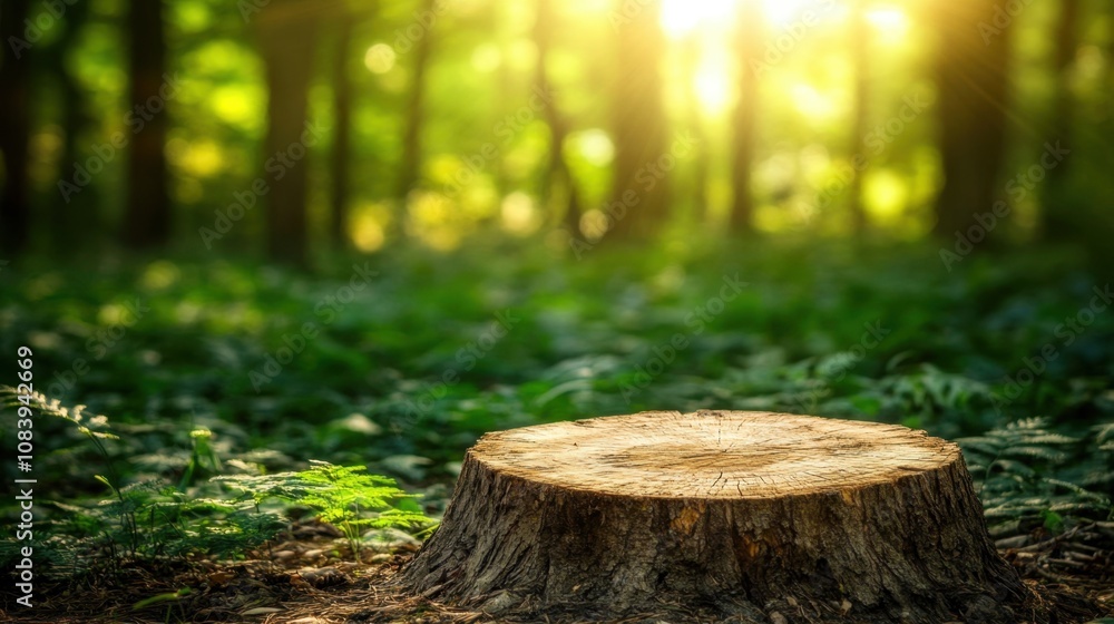 Poster sunlight filters through trees over a peaceful forest clearing with a single tree stump in the foreg