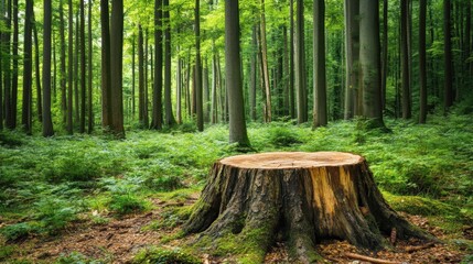 Peaceful Forest Scene Featuring a Freshly Cut Tree Stump Surrounded by Lush Greenery and Tall Trees in a Beautiful Eco-Friendly Environment