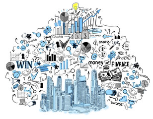 Naklejka premium Hand-drawn business sketch with icons representing finance, profit, and startup concepts, including graphs, money, and buildings. White background