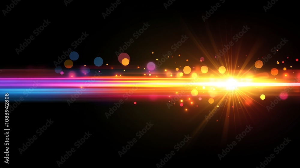 Poster Vibrant Abstract Light Rays and Bokeh Effect in Dark Background Creating a Colorful and Energetic Atmosphere for Background Designs and Visual Projects
