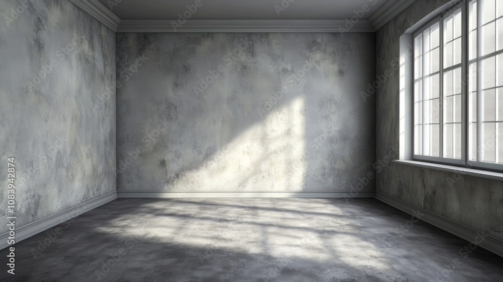 Poster a minimalist room with textured walls and natural light streaming through a large window.