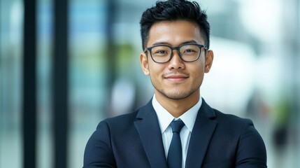 Fototapeta premium A confident young man in a suit poses with a smile, showcasing a professional demeanor in a modern urban setting.