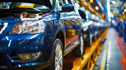 Obraz premium A modern car manufacturing assembly line featuring blue vehicles in various stages of production, Ideal for showcasing automotive industry, manufacturing processes, or business innovation concepts,