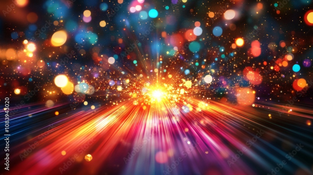 Poster Vibrant Burst of Colorful Light Trails with Glowing Particles Creating an Abstract Background for Creative Projects and Digital Artwork