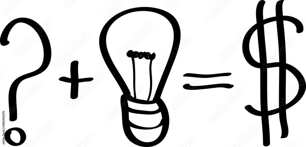 Poster Hand-drawn illustration showing a question mark plus a light bulb equals a dollar sign. Simple sketch style on a white background, representing innovation and profit