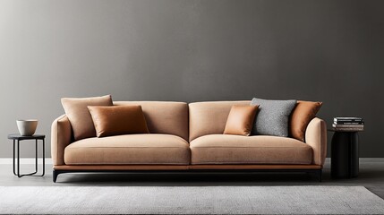 Modern living room with beige sofa and pillows, dark side tables, ceramic cup, and books against a gray wall and minimalist decor.