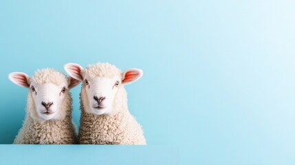 Fototapeta premium Two Cute Sheep with Fluffy Wool Against a Bright Blue Background Ideal for Animal Themed Designs and Warm, Friendly Promotions