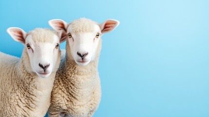 Obraz premium Two adorable sheep with fluffy wool against a soft blue background, showcasing their charming expressions and serene nature in a delightful pastoral setting.