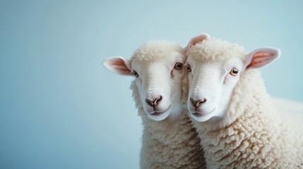 Naklejka premium Two adorable white sheep standing side by side against a pastel blue background showcasing their fuzzy wool and gentle expressions, perfect for farm or animal themes.