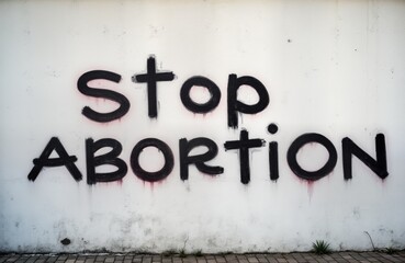 Fototapeta premium Graffiti message on wall says Stop Abortion. Social issue about abortion rights. Protest against abortion. Public message for no abortion. Activists paint message on wall. Statement about life,